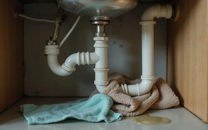 Burst pipe under a sink with towels containing the spill