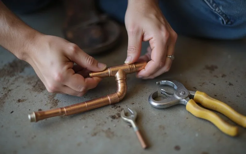 Hands repairing a copper pipe joint