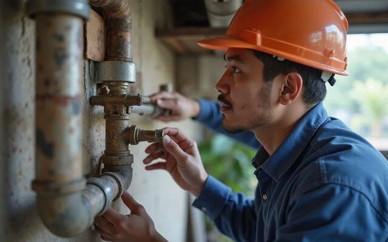Plumber assessing exposed home pipework