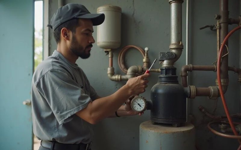 Plumber checking a pump pressure switch