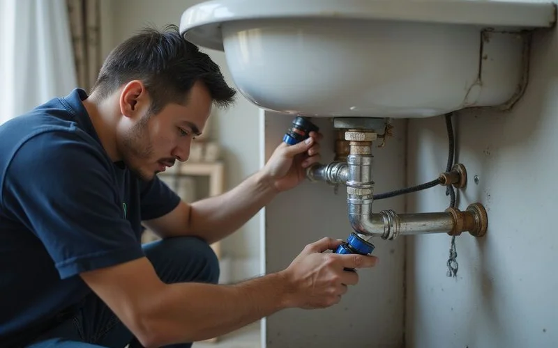 Plumber connecting supply and drain lines for a new sink