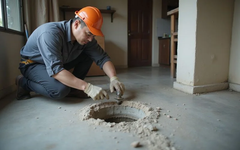 Plumber inspecting a concrete slab for the source of a leak