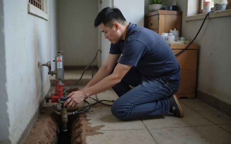 Plumber inspecting a drain line