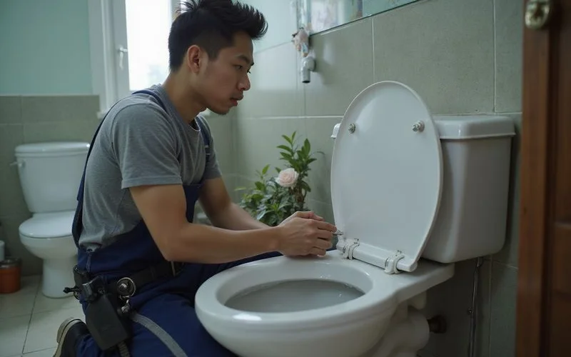 Plumber installing a new toilet bowl
