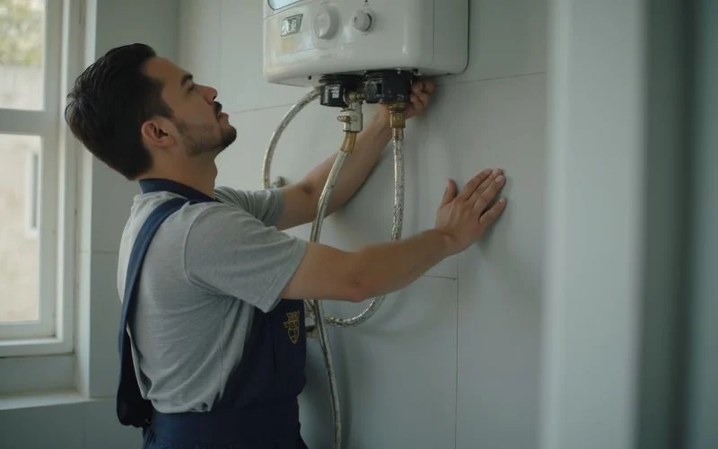 Plumber installing a wall-mounted instant water heater