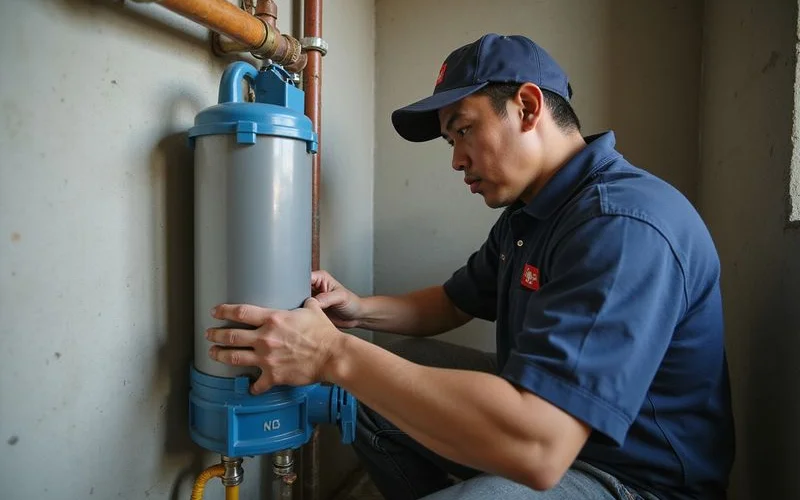 Plumber mounting a correctly sized booster pump