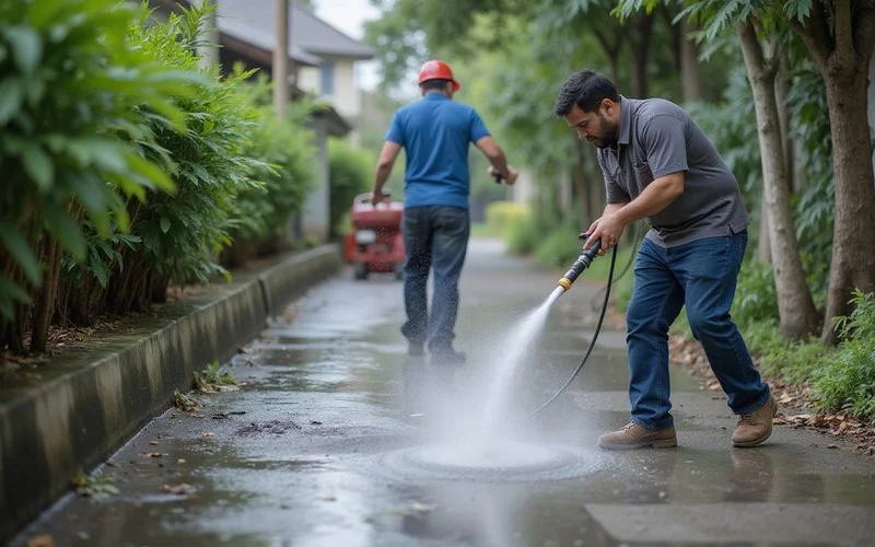 Plumber operating a high-pressure water jetting machine