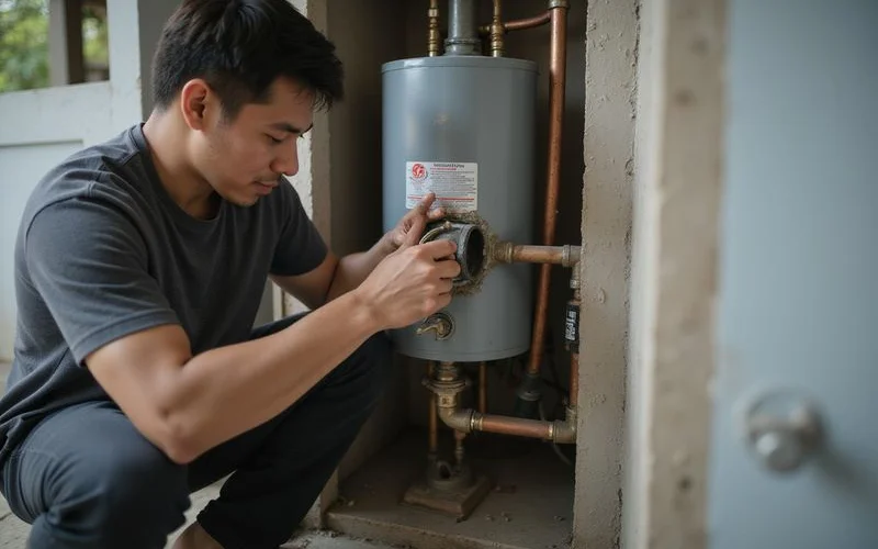 Plumber replacing a failed water heater