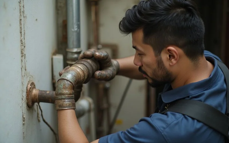 Plumber replacing old galvanised pipework