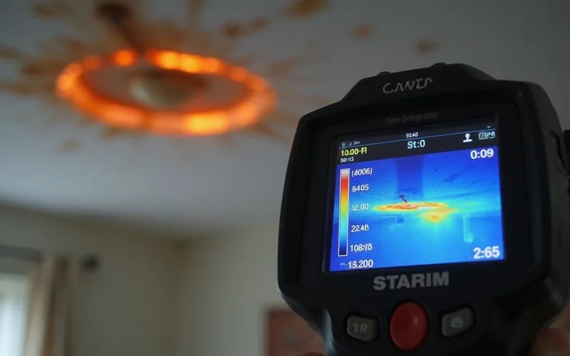 Thermal imaging camera screen showing a moisture hotspot