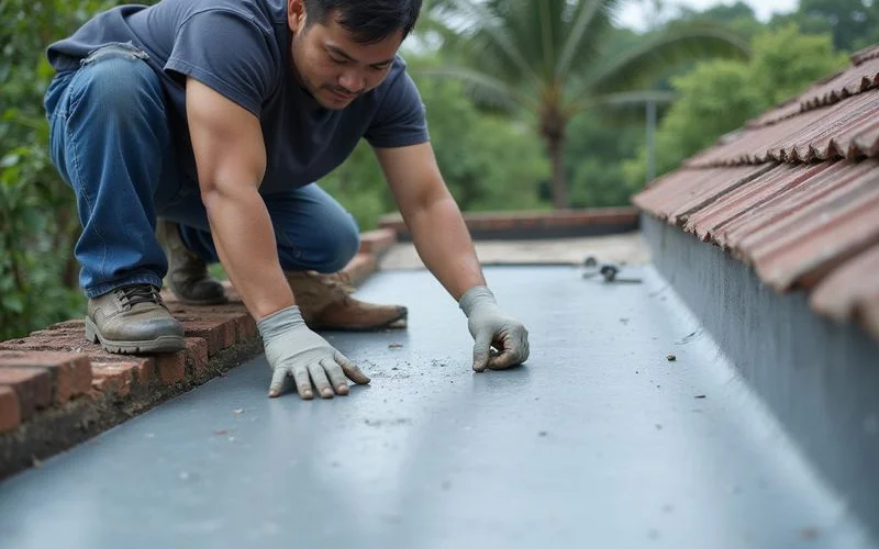 Worker applying full waterproofing treatment
