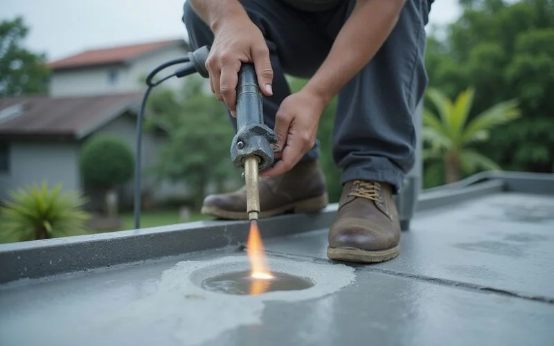 Worker applying torch-on waterproofing membrane