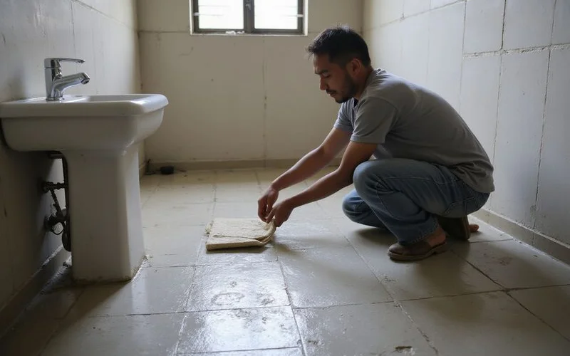 Worker applying waterproof membrane over screed