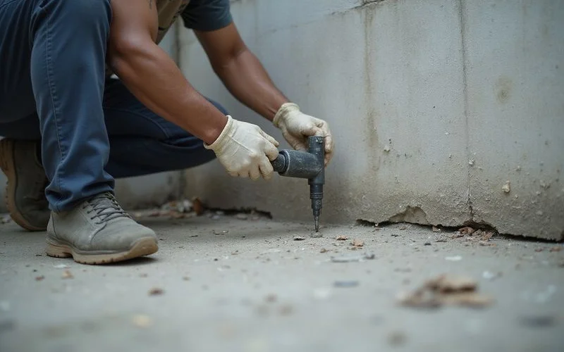 Worker injecting polyurethane grout into a concrete crack