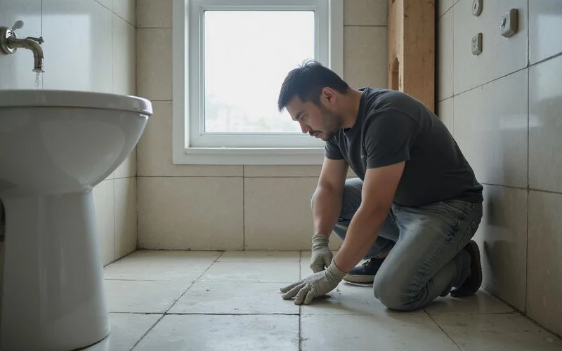 Worker laying waterproof membrane before tiling