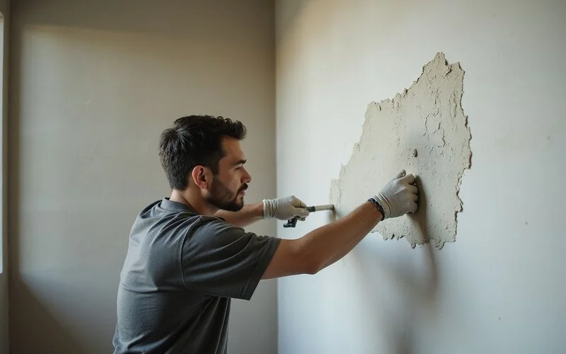 Worker plastering and skim-coating a repaired wall section