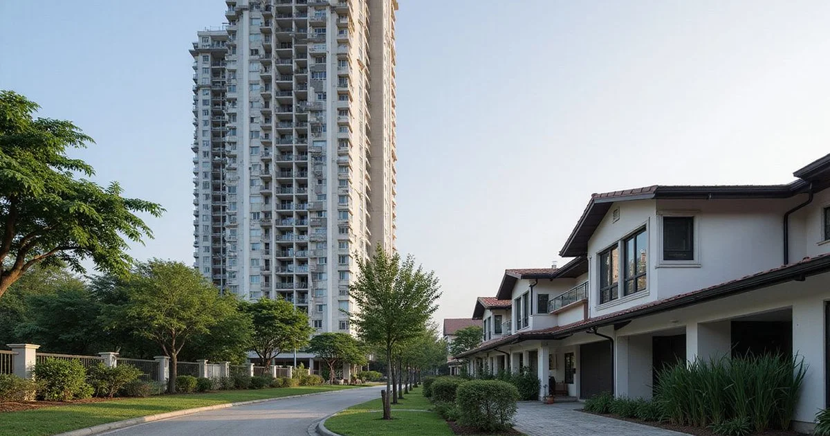 PJ condo tower beside a landed terrace home