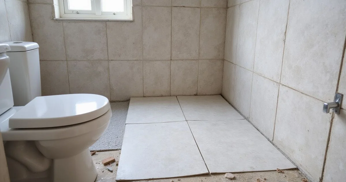 Bathroom mid-renovation showing screed, membrane and tiling
