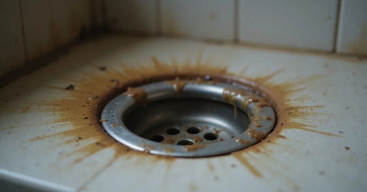 Close-up of a blocked kitchen drain with grease buildup