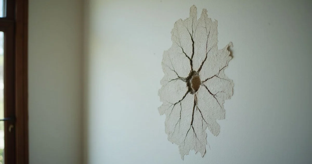 Cracked interior wall with damp patch