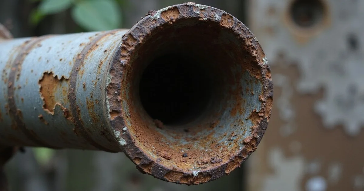 Cross-section of a corroded galvanised water pipe with internal rust scale