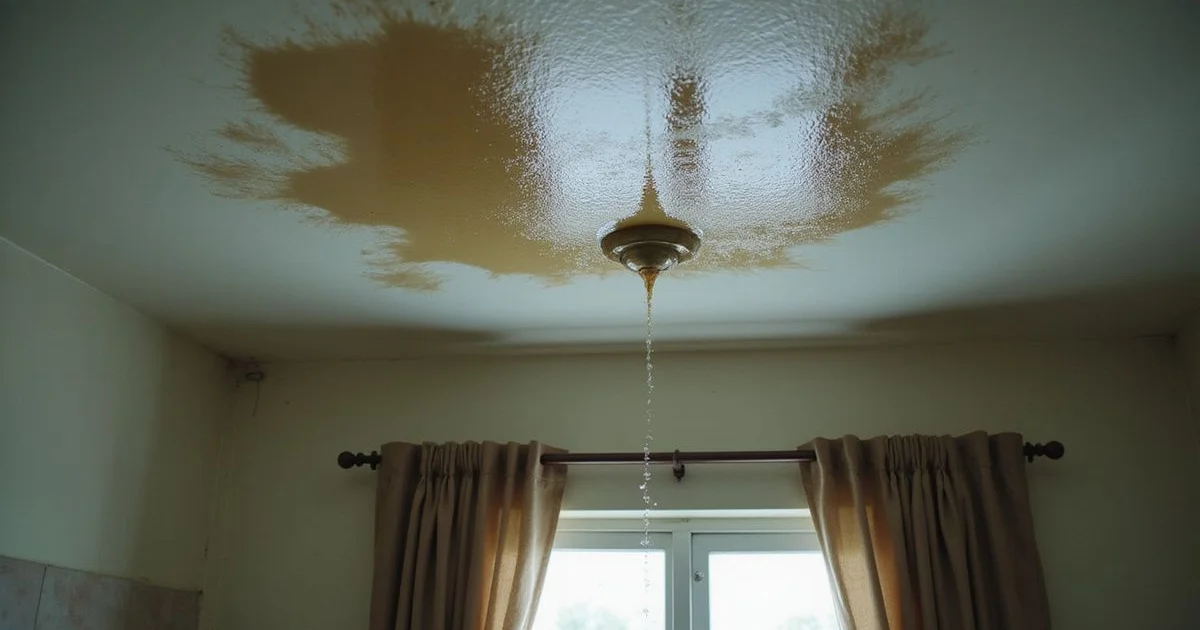 Damp water stain spreading on a residential ceiling in a Malaysian home