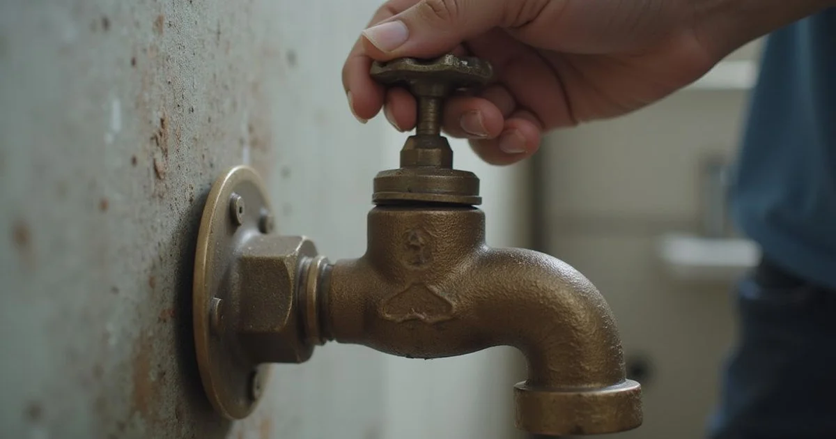 Hand turning off a home main water stopcock valve