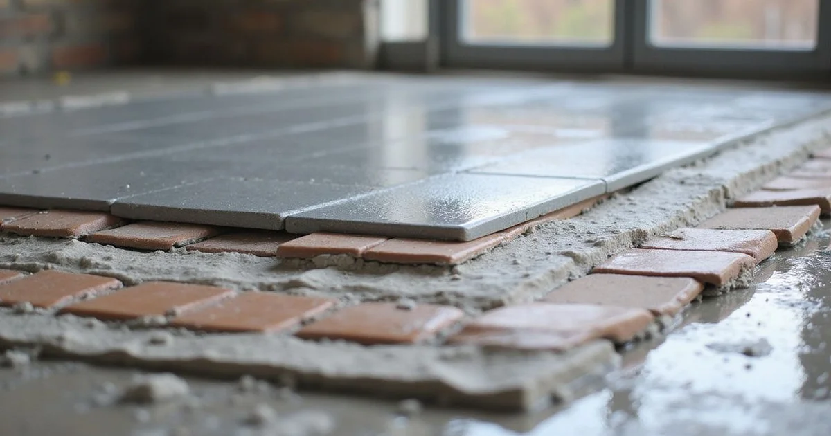 Layers of a wet-area build: screed, membrane and tiles in sequence