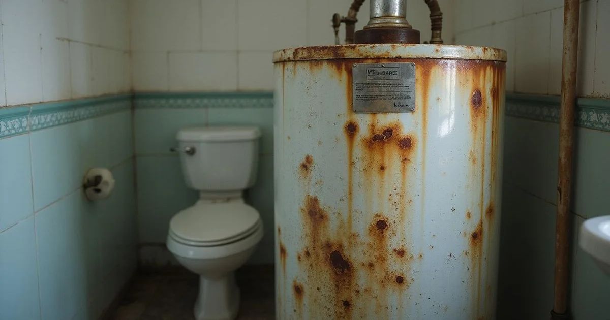 Old leaking water heater with rust stains
