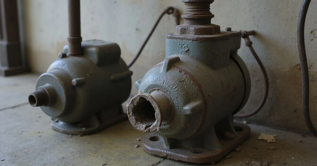 Old worn water pump next to a new replacement unit