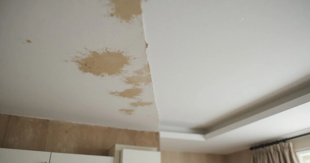 Patched ceiling stain beside a fully re-waterproofed ceiling
