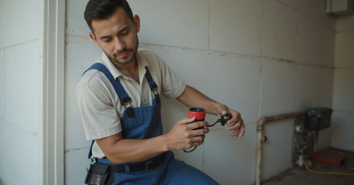 Plumber using an acoustic leak detector against a tiled wall