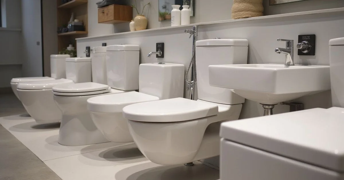 Range of modern toilets and basins on display