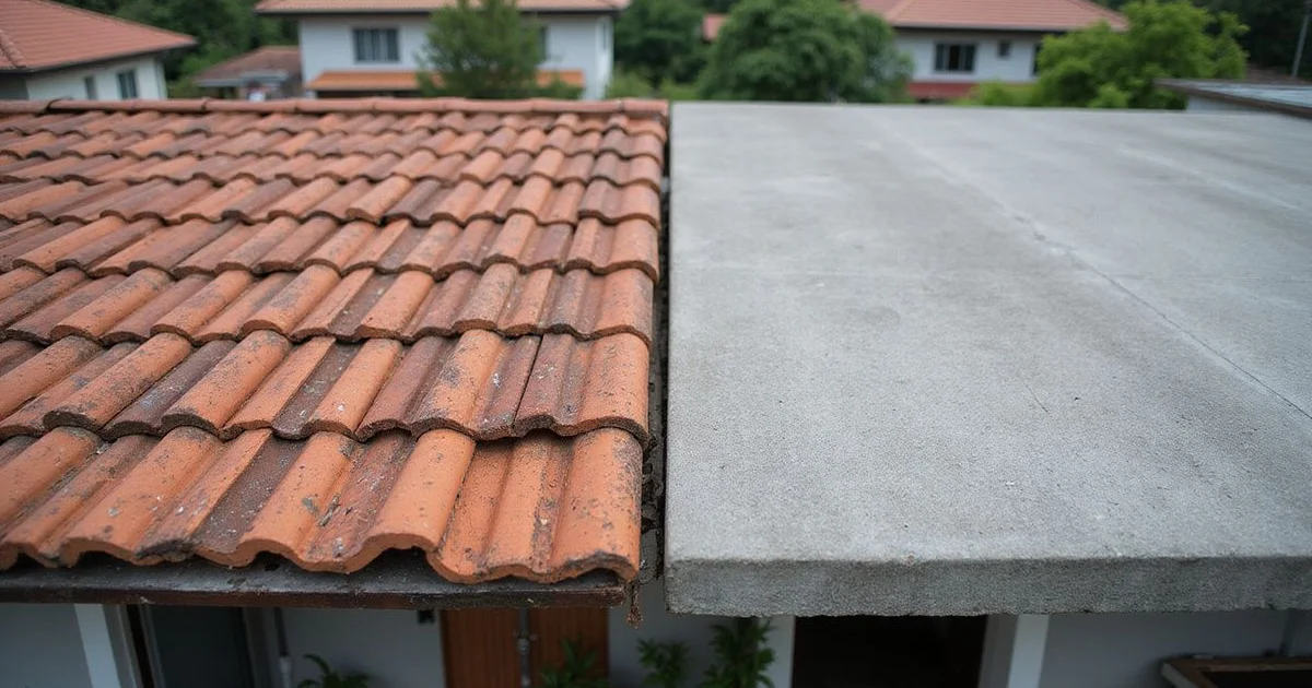 Tiled roof and flat concrete roof side by side