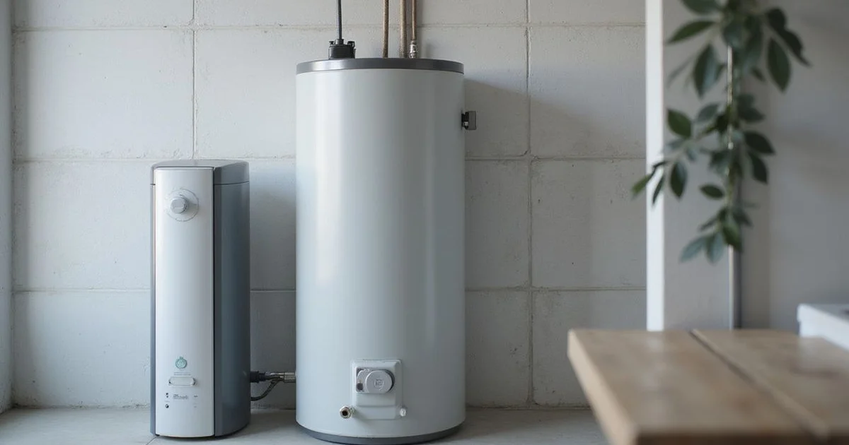 Storage water heater tank beside an instant water heater
