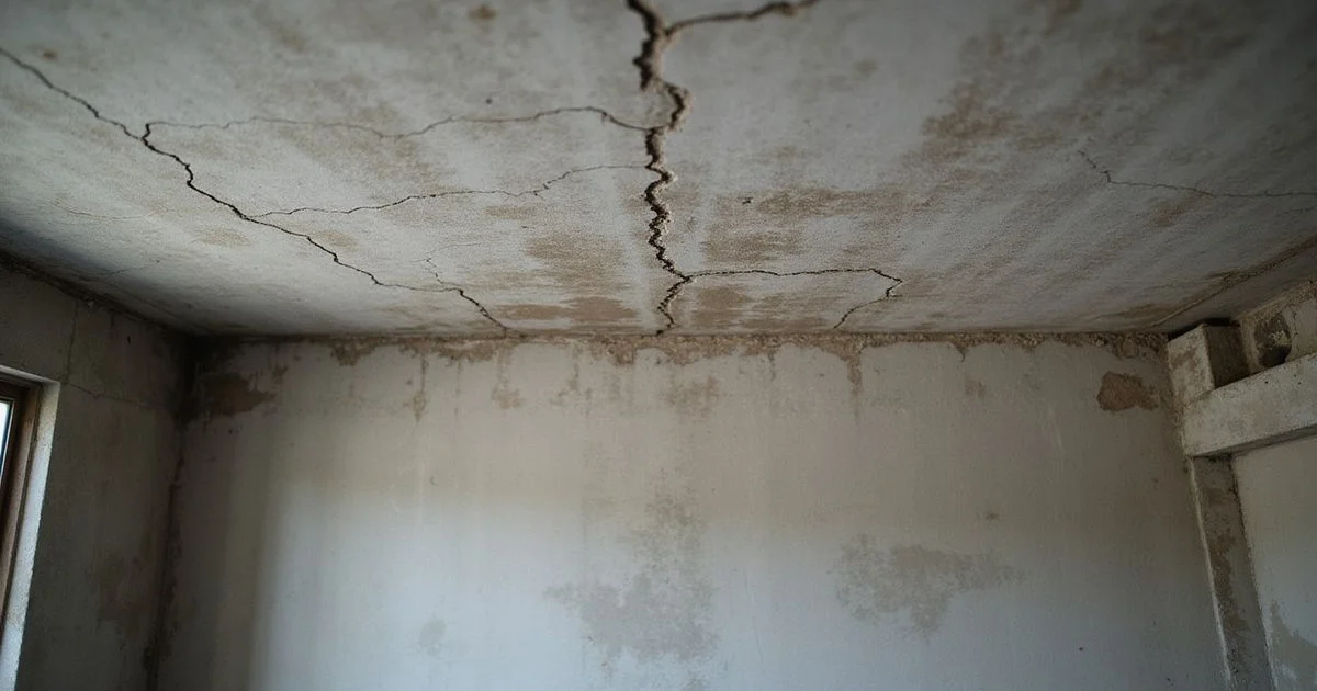 Water-stained cracked concrete ceiling