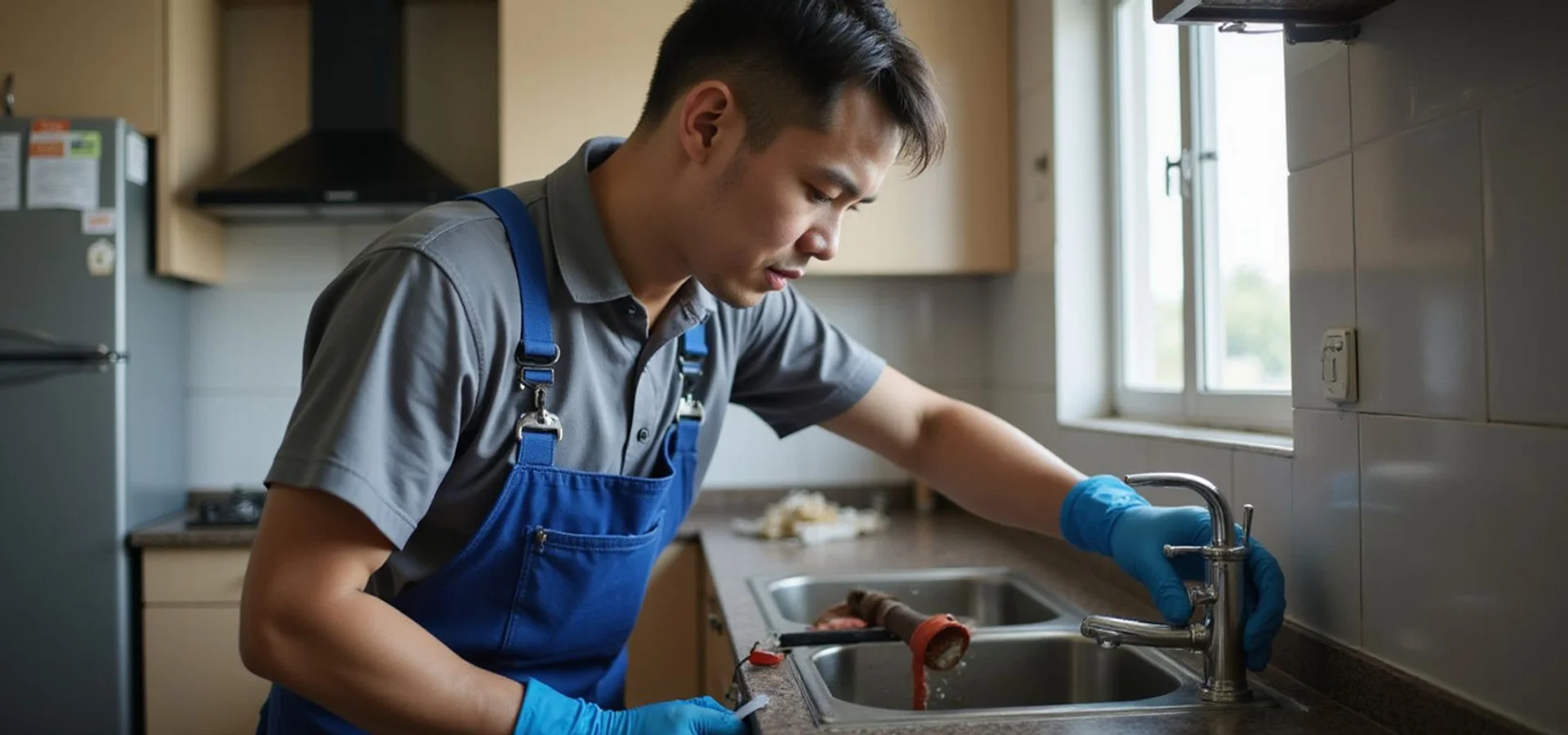 Guan Heng Plumbing plumber repairing pipes at a Saujana Damansara home